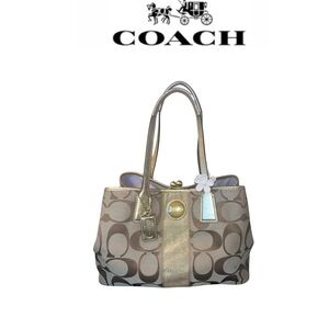 Coach Signature Framed Carryall Kiss lock Khaki and Gold Shoulder Bag